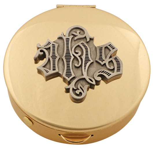 Divine Brass Host Cap with Pewter IHS Medallion, 8 Host Capacity for Eucharistic Use