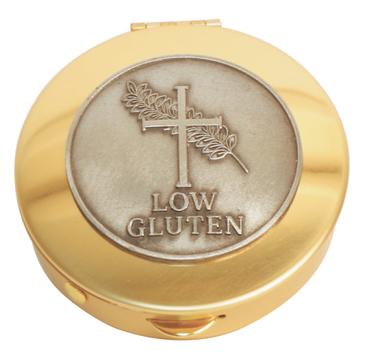 Sacred Brass Host Cap with Pewter 'Low Gluten' Medallion, 12 Host Capacity, Ideal for Eucharistic Use