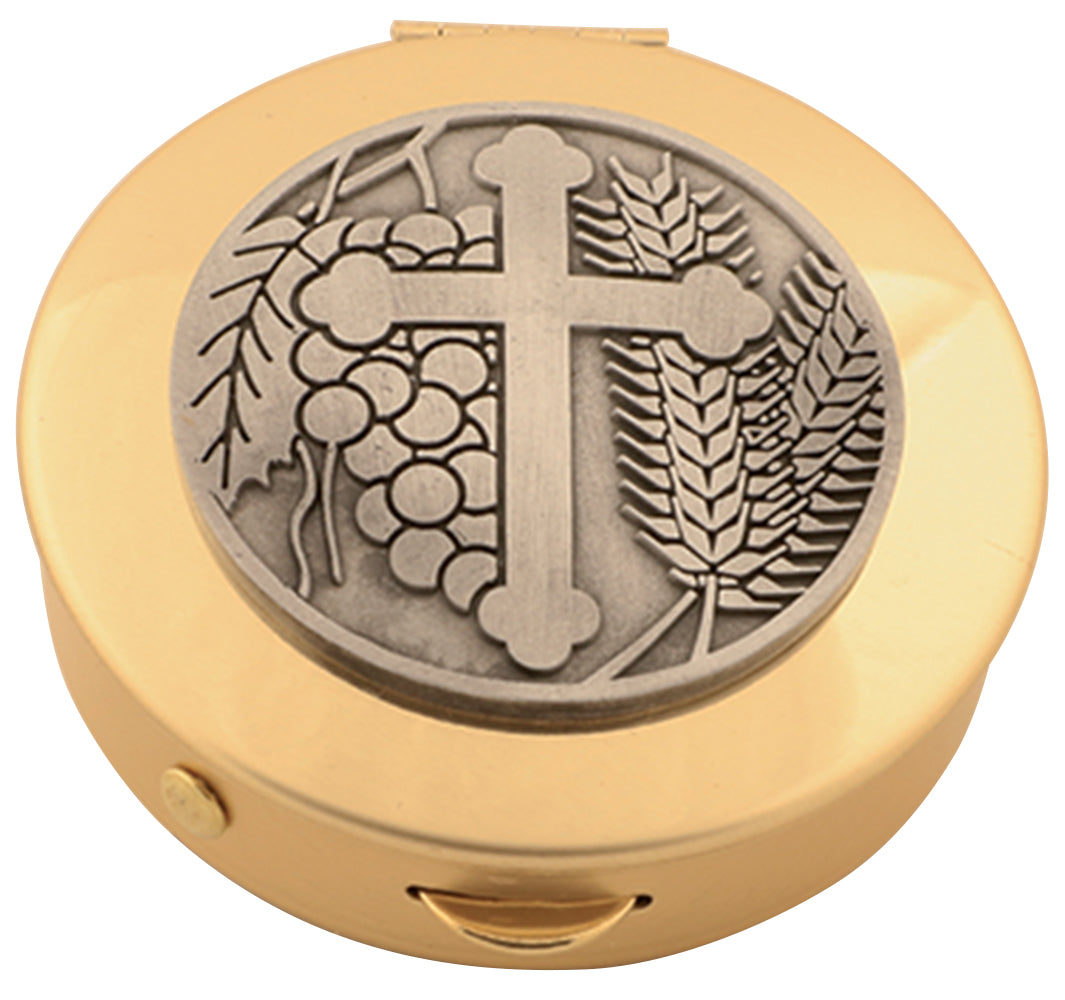 Divine Brass Host Cap with Pewter Cross Medallion, 25 Host Capacity for Holy Eucharist