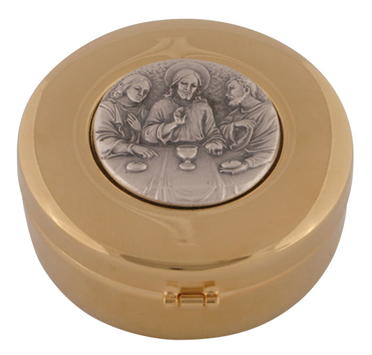 Holy Eucharist Hospital Pyx, 24k Gold Plated with Oxidized Silver Medallion, 60 Host Capacity, Hinged Cover