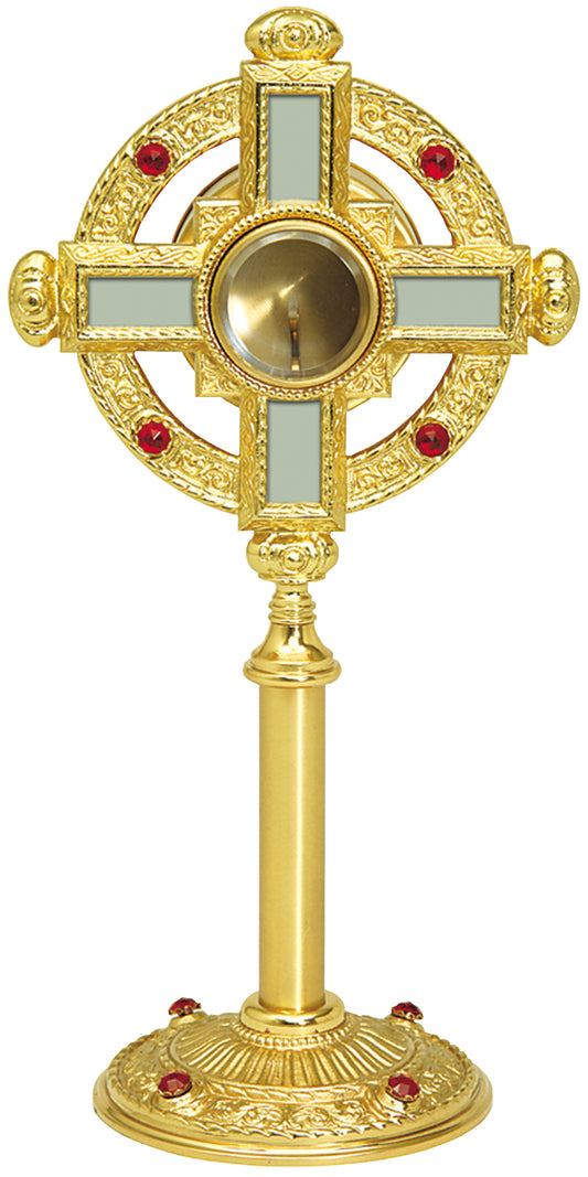Glorious 24k Gold-Plated Monstrance with Silver Cross and Ruby Glass Accents for Eucharistic Display