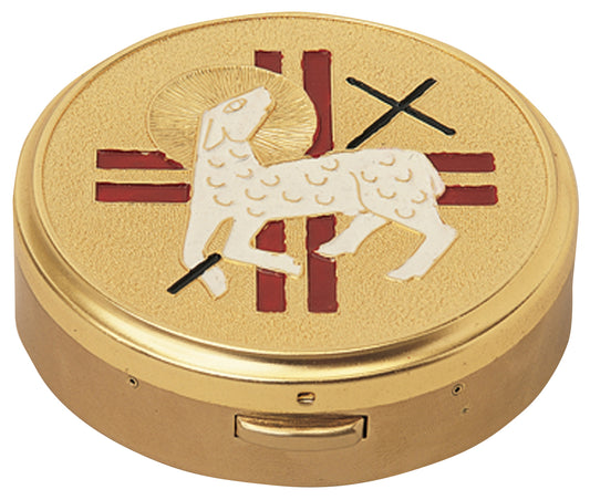 Sacred Hospital Pyx with Enameled Lamb and Cross, Hinged Cover, 60 Host Capacity for Eucharistic Ministry