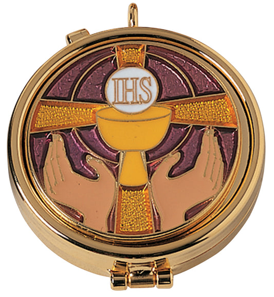 24k Gold Plated Host Cap with Enameled Emblem, 7 Host Capacity, Perfect for Liturgical Use and Burse Compatibility