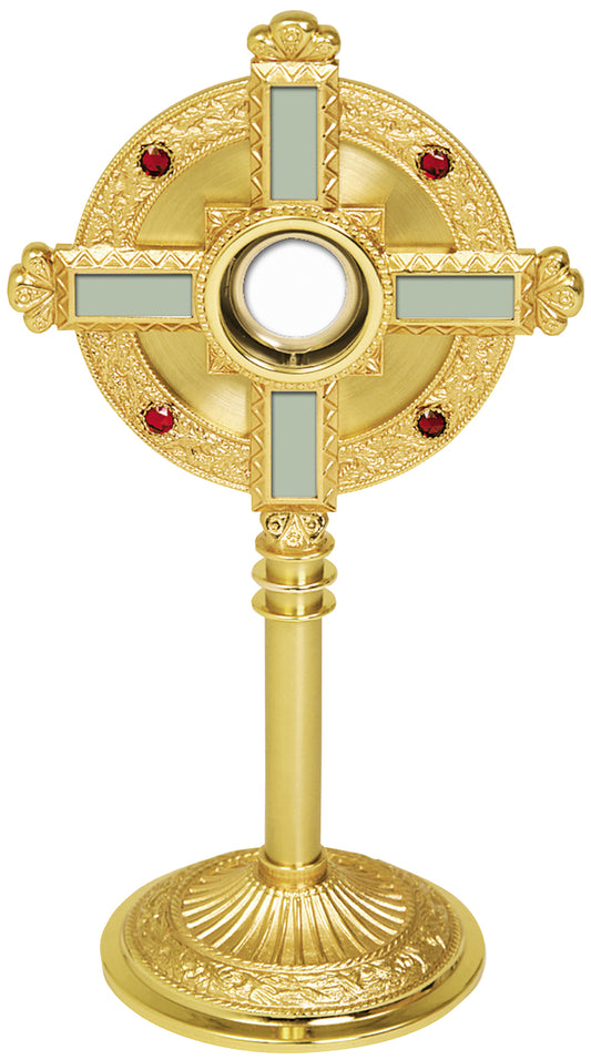 Majestic 24k Gold-Plated Monstrance with Silver Cross and Ruby Glass Highlights