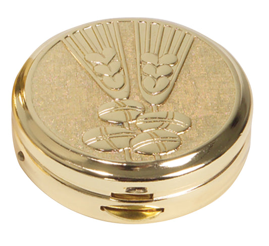 Sacred 24k Gold Plated Pyx with Wheat and Bread Design, Two-Tone Finish, 10 Host Capacity for Eucharistic Use
