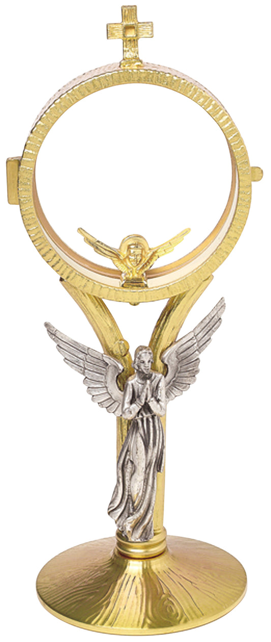 Radiant 24k Two-Tone Gold-Plated Monstrance with Oxidized Silver Angel for Eucharistic Display