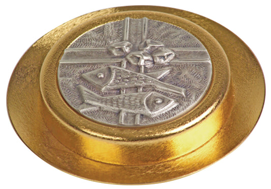 Elegant 24k Gold Plated Paten Pyx with Oxidized Silver Emblem, Satin and Bright Finish, 35 Host Capacity