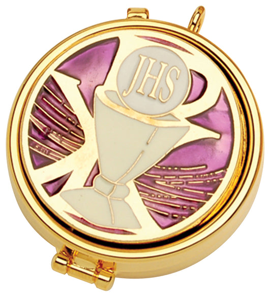 Sacred 24k Gold Plated Pyx with Enameled Emblem, 7 Host Capacity, Ideal for Eucharistic Service