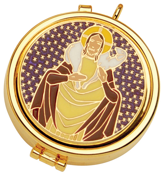 Holy Communion 24k Gold Plated Pyx with Enameled Emblem, 7 Host Capacity, Compatible with Burse