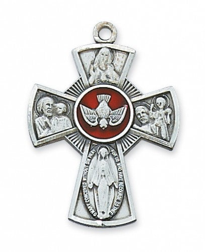 Large 4 Way Medal Cross with Red Enamel, Sterling Silver