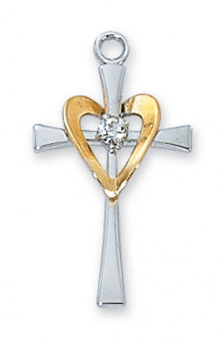 SS CROSS W/GLD HEART 18CHAIN"