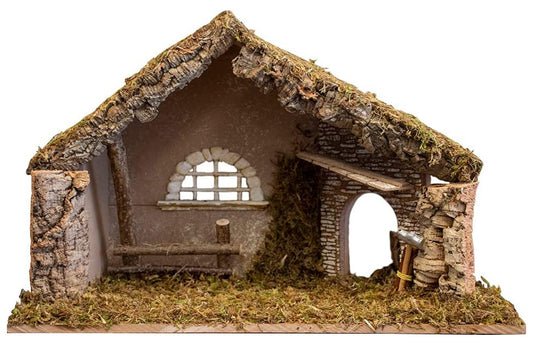 Nativity Creche Stable, "Sticks and Saw" | Realistic Moss Hay Wood and Fabric | 12" x 19"