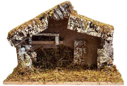 Nativity Creche Stable, | Realistic Moss, Hay, Wood and Fabric | Christmas Décor| 12" x 7" x 9"