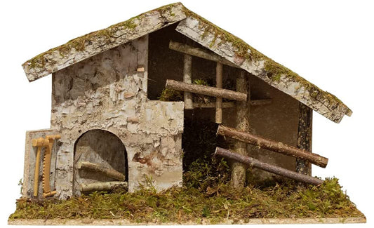 Nativity Creche Stable, | Realistic Moss, Hay, Wood and Fabric | Christmas Décor| 12.5" x 19.5"