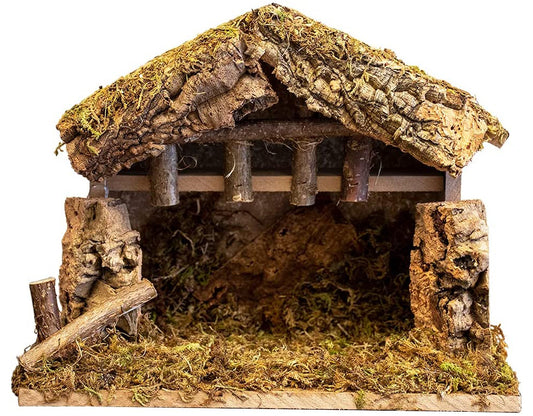 Nativity Creche Stable, | Realistic Moss, Hay, Wood and Fabric | Christmas Décor| 10" x 5" x 8"