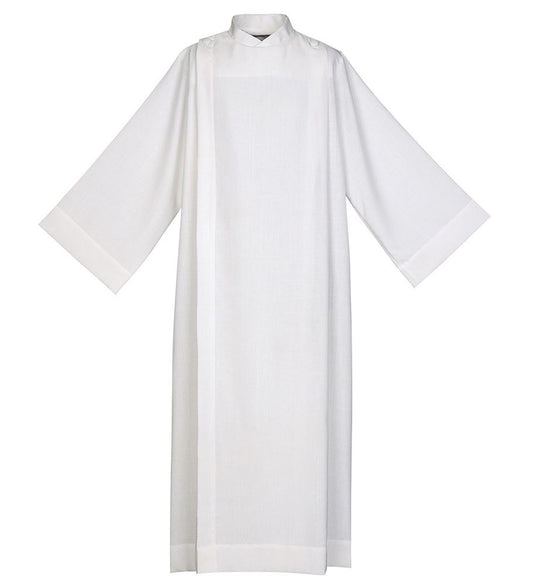 Popular Front Wrap Clergy Alb – Pearl White Linen-Look Poly/Rayon Blend with Shoulder Button Closure -X-Large