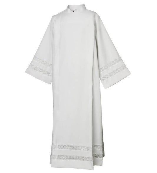 Front Wrap Alb in Pearl White Linen-Look Poly/Rayon Blend – Covered Shoulder Button Closure, Lightweight and Washable Vestment -Large