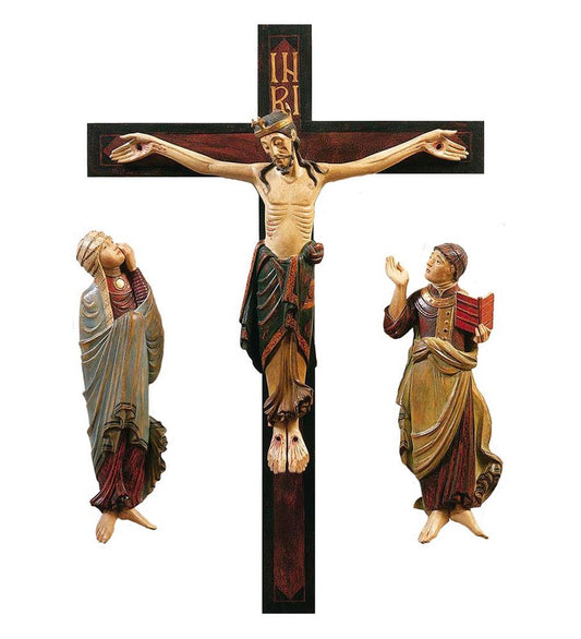 Hand Carved in Linden Wood or Fiberglass 24 Inch Crucifixion Group from Italy
