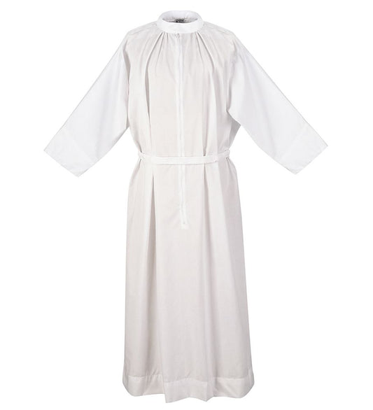 Clergy Alb with Stand-Up Collar, 30" Zipper & Adjustable Velcro Belt | Comfortable Liturgical Vestment - Medium