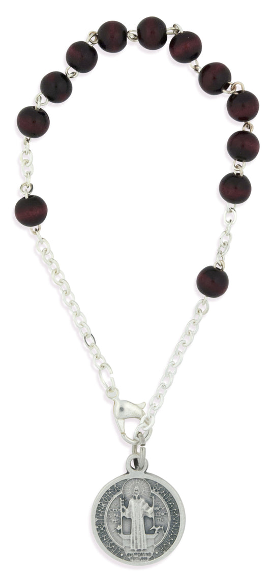 One Decade Rosary Bracelet with Wood Beads and Saint Benedict Medal