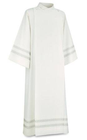 Front Wrap Alb in Beige Greco Fabric with Linear Grey Embroidery by Slabbinck – Washable Liturgical Vestment with Stitched Pleats -Medium
