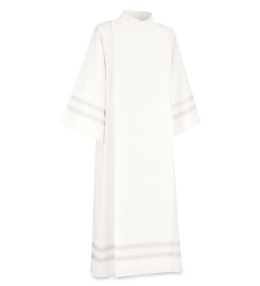 Front Wrap Alb in Beige Greco Fabric with Linear White Embroidery by Slabbinck – Washable Liturgical Vestment with Stitched Pleats and Embellished Hem - X-Small