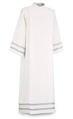 Slabbinck Front Wrap Alb in White Ravenna Fabric | Washable Grey & White Embroidered Liturgical Vestment - X-Large