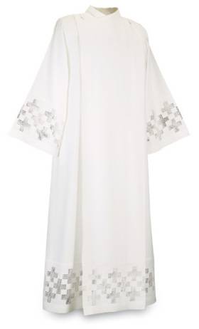 Front Wrap Alb in White Terlenka Fabric with Cross Embroidery - X-Large