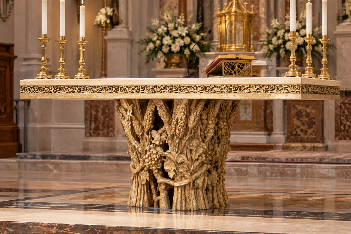 Custom Catholic Church Altar – Sculpted Pedestal Base with Wooden Mensa & Decorative Edging