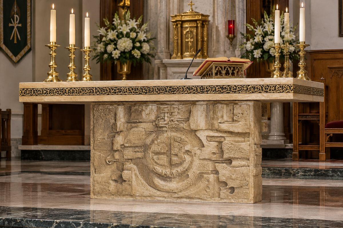 Custom Catholic Church Altar with Sculpted Wheat & Grapes – Wooden Mensa