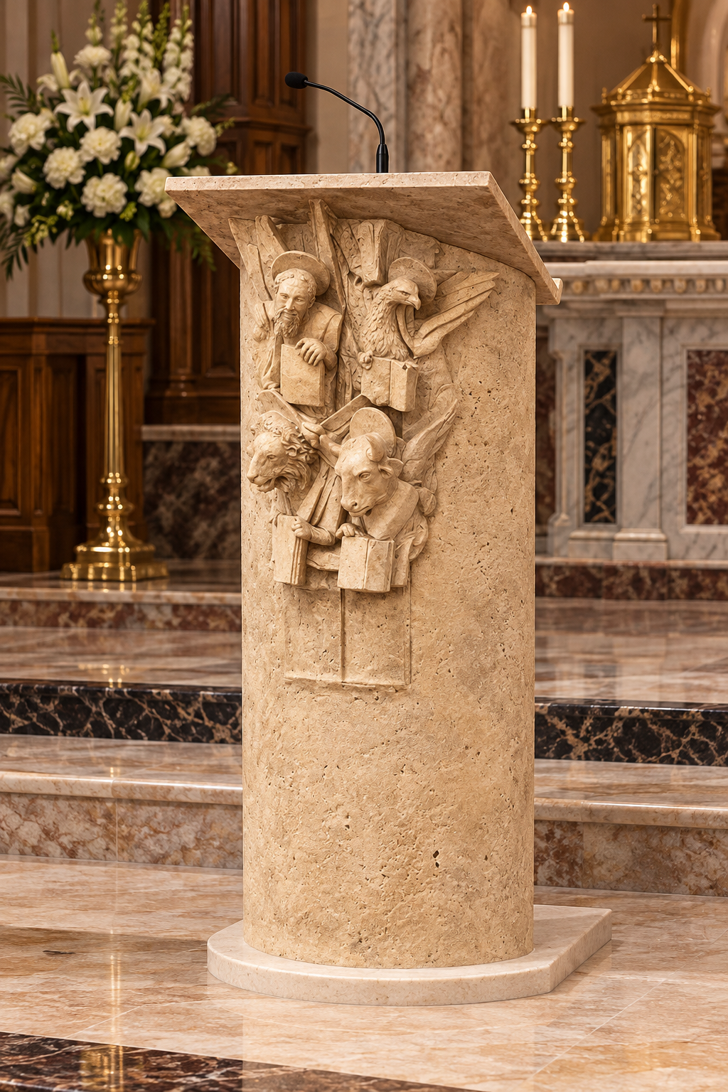 Custom Catholic Church Ambo with Four Evangelists – Travertine Stone Base