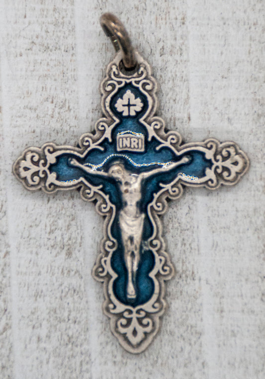 1" Small Baroque Crucifix Pendant (Sliver and Blue)
