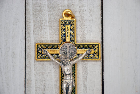 3" Unique Saint Benedict Crucifix Pendant (Gold and Blue)