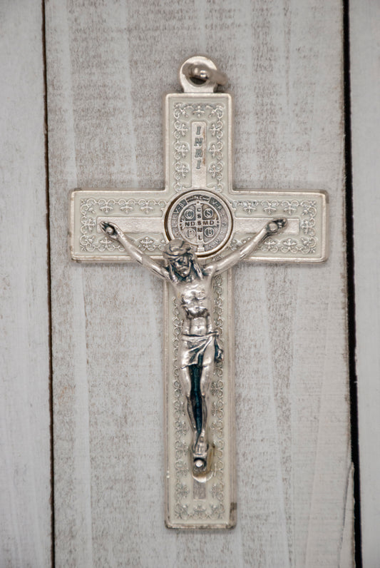 3" Unique Saint Benedict Crucifix Pendant (Sliver and White)