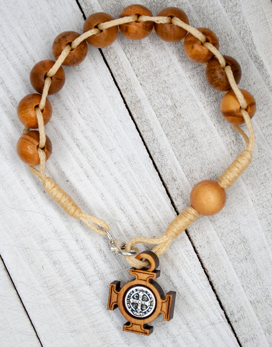 10mm Olive Wood One Decade Rosary with 4 Saint Benedict Medal Crucifix