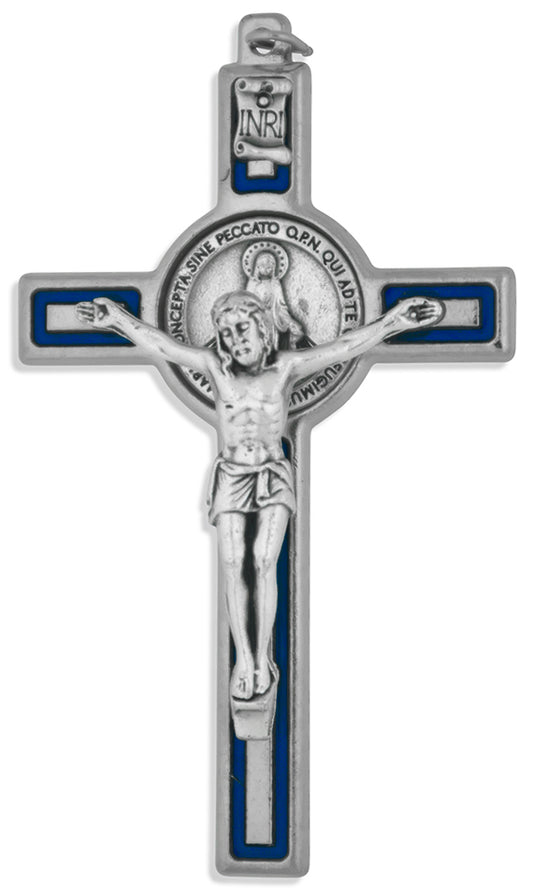 Marian Crucifix Pendant with Miraculous Medal and Blue Enamel