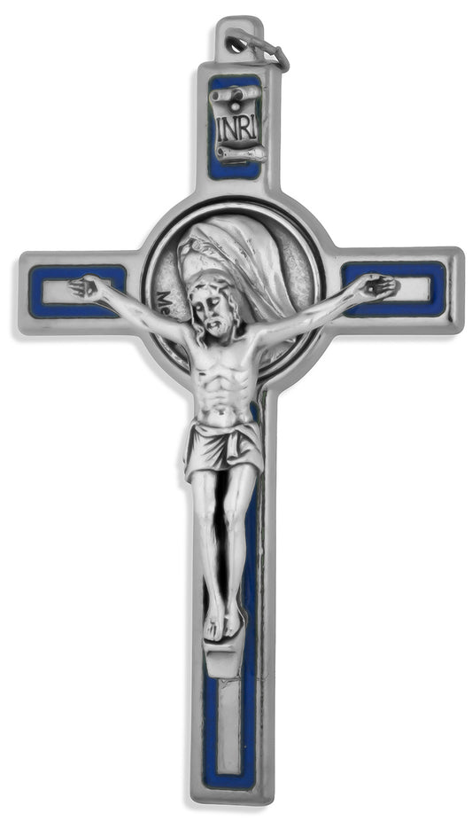 Our Lady of Medjugorje Cross Pendant with Blue Enamel