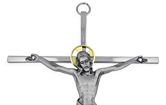 10" Nickel-Plated Brass Wall Crucifix with Antique Pewter Corpus