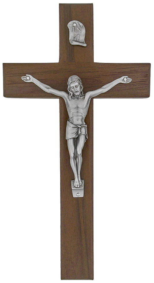 8" Beveled Walnut Crucifix with Antique Pewter Corpus