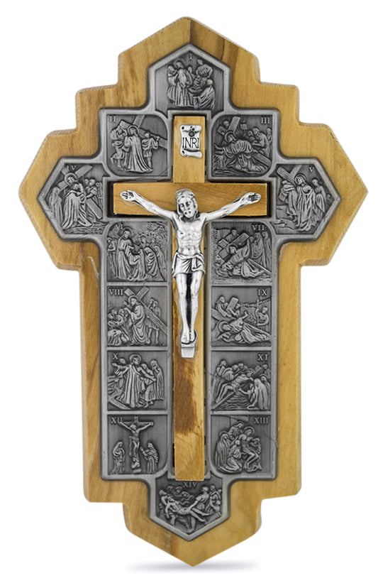 Olive Wood Wall Cross with the 14 Stations