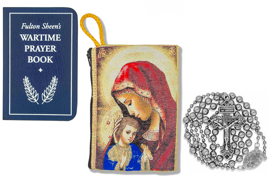 Military Rosary with Prayer Book and Tapestry Pouch (Chrome, Madonna and Child 2)
