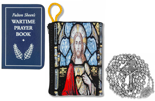 Military Rosary with Prayer Book and Tapestry Pouch (Chrome, Sacred Heart)