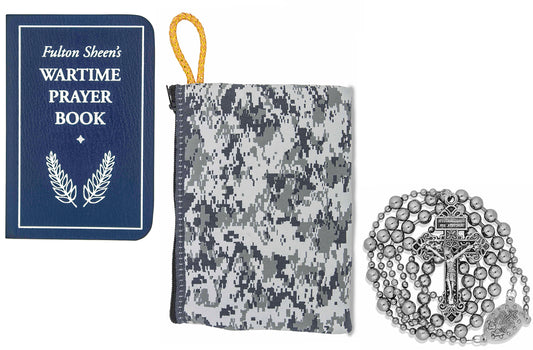 Military Rosary with Prayer Book and Tapestry Pouch (Chrome, Arctic Camo)