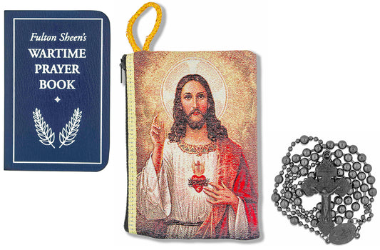 Military Rosary with Prayer Book and Tapestry Pouch (Gunmetal, Sacred Heart of Jesus / Immaculate Heart of Mary)