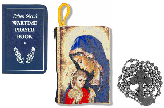 Military Rosary with Prayer Book and Tapestry Pouch (Gunmetal, Madonna and Child 1)