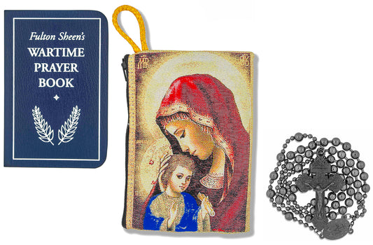 Military Rosary with Prayer Book and Tapestry Pouch (Gunmetal, Madonna and Child 2)