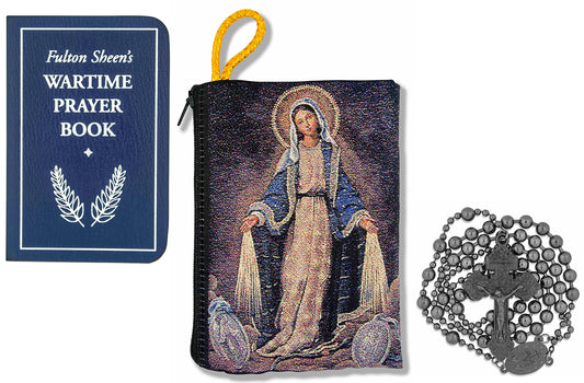 Military Rosary with Prayer Book and Tapestry Pouch (Gunmetal, Miraculous Medal)