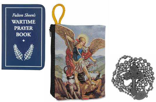 Military Rosary with Prayer Book and Tapestry Pouch (Gunmetal, Saint Michael)