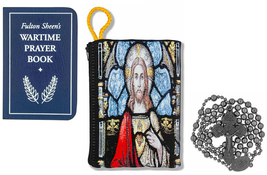 Military Rosary with Prayer Book and Tapestry Pouch (Gunmetal, Sacred Heart)
