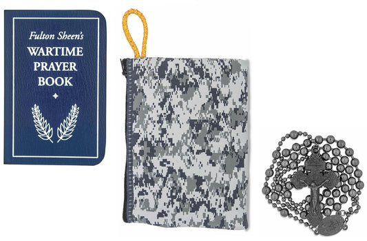 Military Rosary with Prayer Book and Tapestry Pouch (Gunmetal, Arctic Camo)